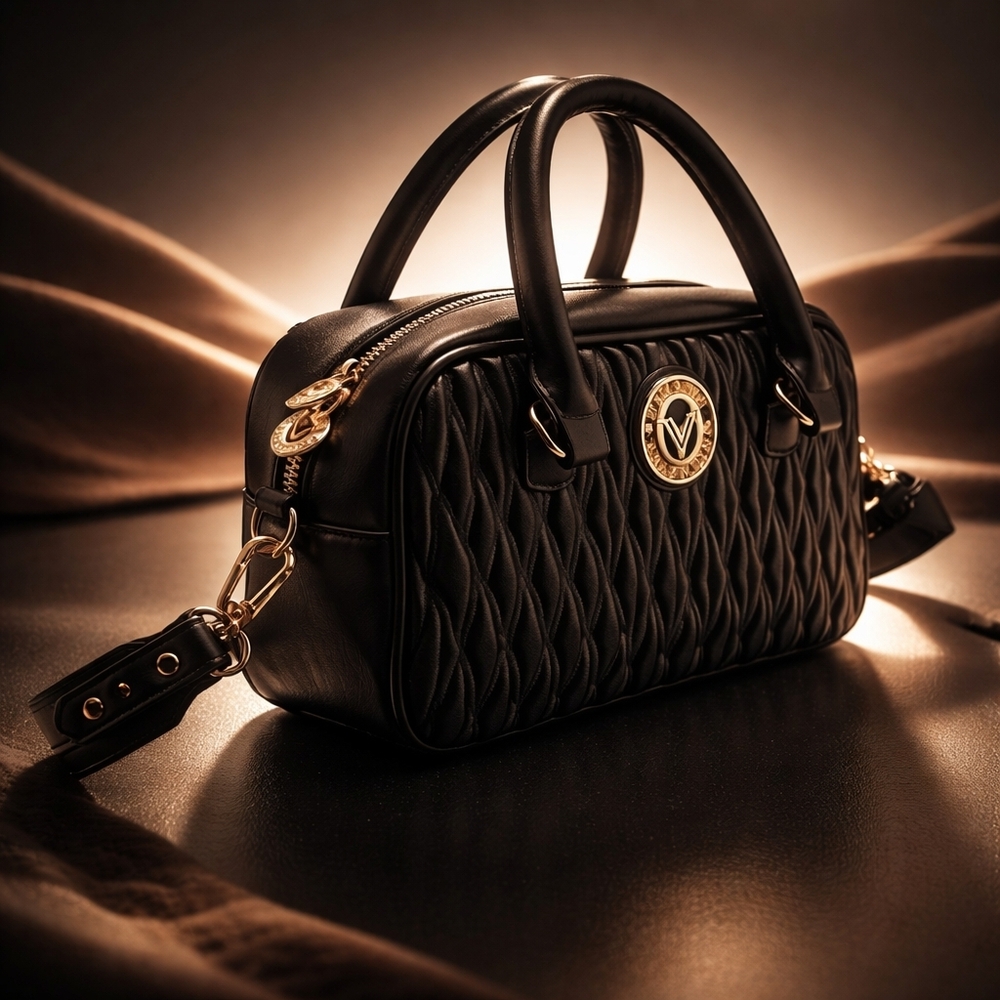NWT Valentino Orlandi Black Quilted Leather Crossbody Satchel Gold V Logo - Picture 4 of 13